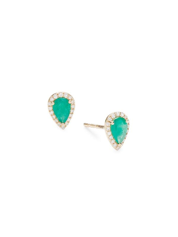 Aretes Studs Oro Amarillo De 14K, Diamantes Y Esmeraldas