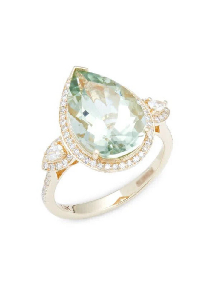 Anillo De Oro Amarillo 14K, Amatista Verde Y Diamantes 0,31 TCW