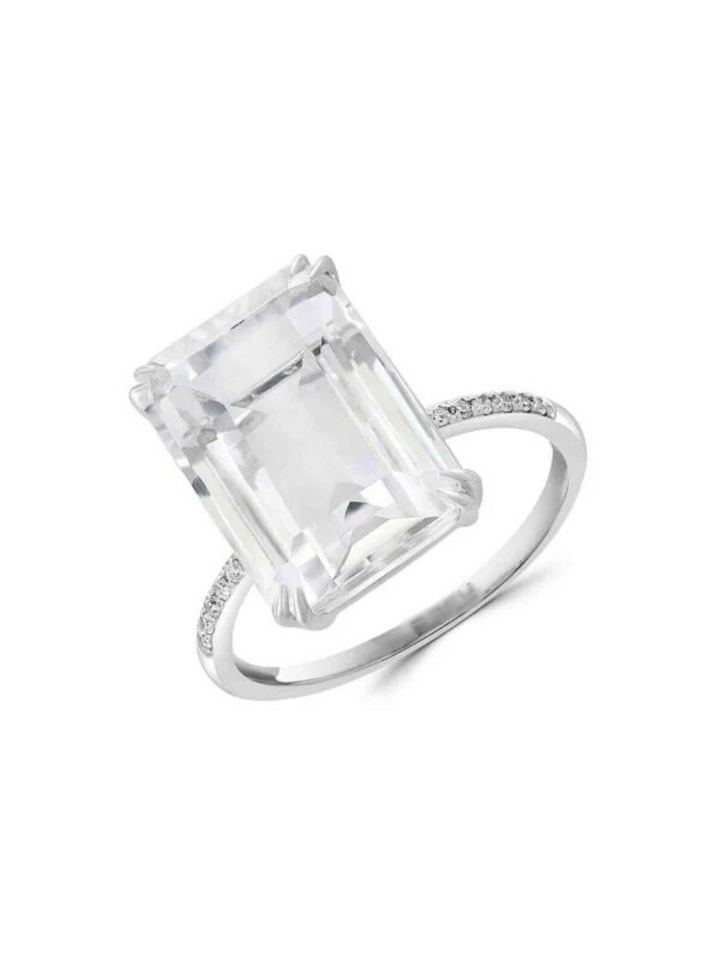 Anillo De Oro Blanco 14K, Topacio Blanco Y Diamantes