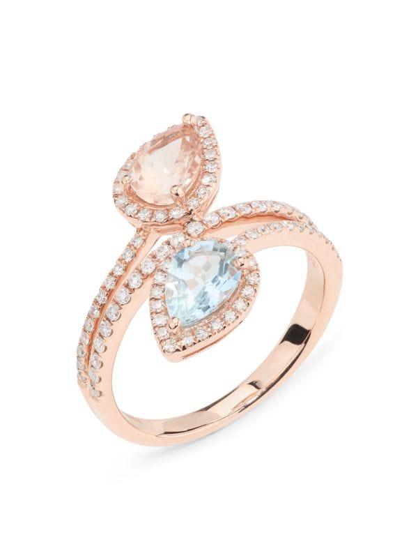 Anillo De Oro Rosa De 14K, Aguamarina Y Morganita