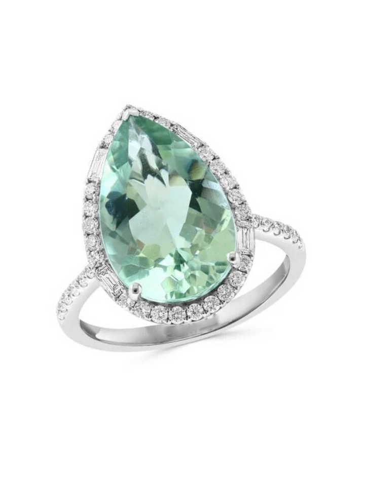 Anillo De Oro Blanco 14K, Amatista Verde Y Diamantes