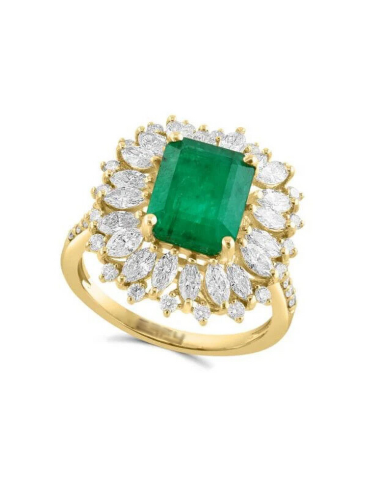 Anillo De Oro Amarillo 14K, Esmeralda Y Diamantes