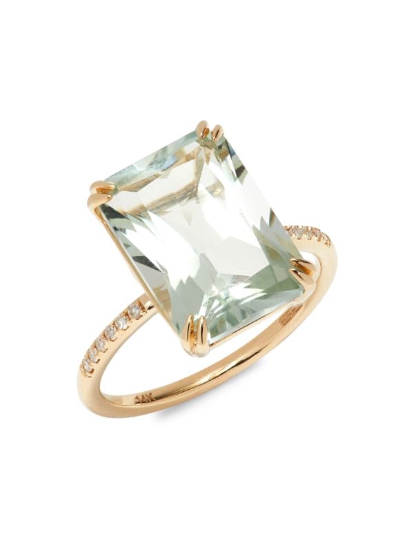 Anillo De Oro  Amarillo De 14K, Amatista Verde Y Diamantes 0,06 TCW