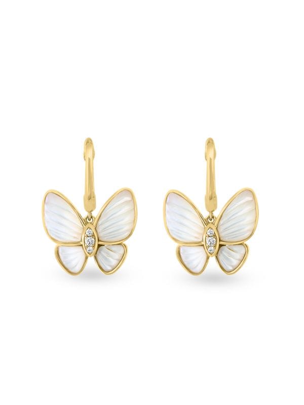 Aretes Colgantes De Oro Amarillo 14K, Nácar Y Diamantes