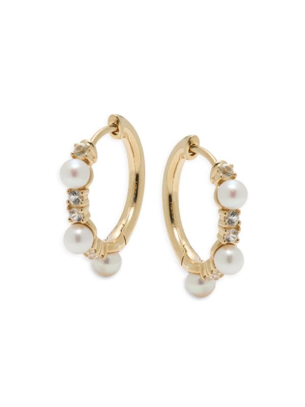 Aretes De Oro Amarillo 14K, Perlas De Agua Dulce Y Zafiro Blanco