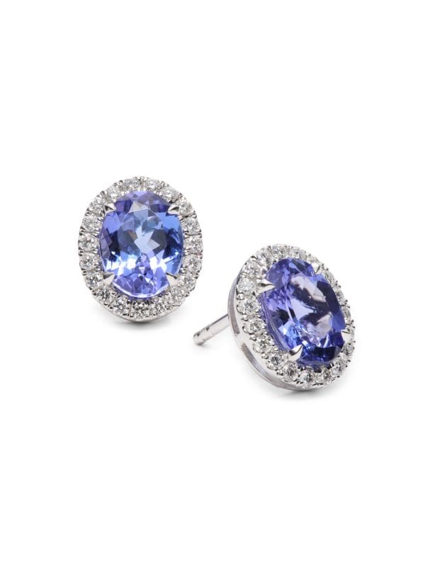 Aretes De Oro Blanco 14K, Tanzanita Y Diamantes 0,35 TCW