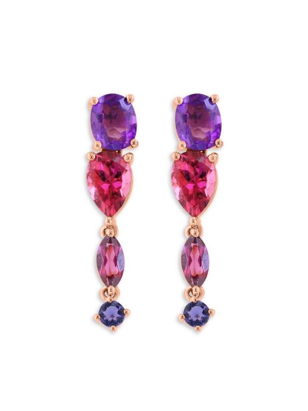 Aretes Colgantes De Oro Rosa 14K Y Múltiples Piedras