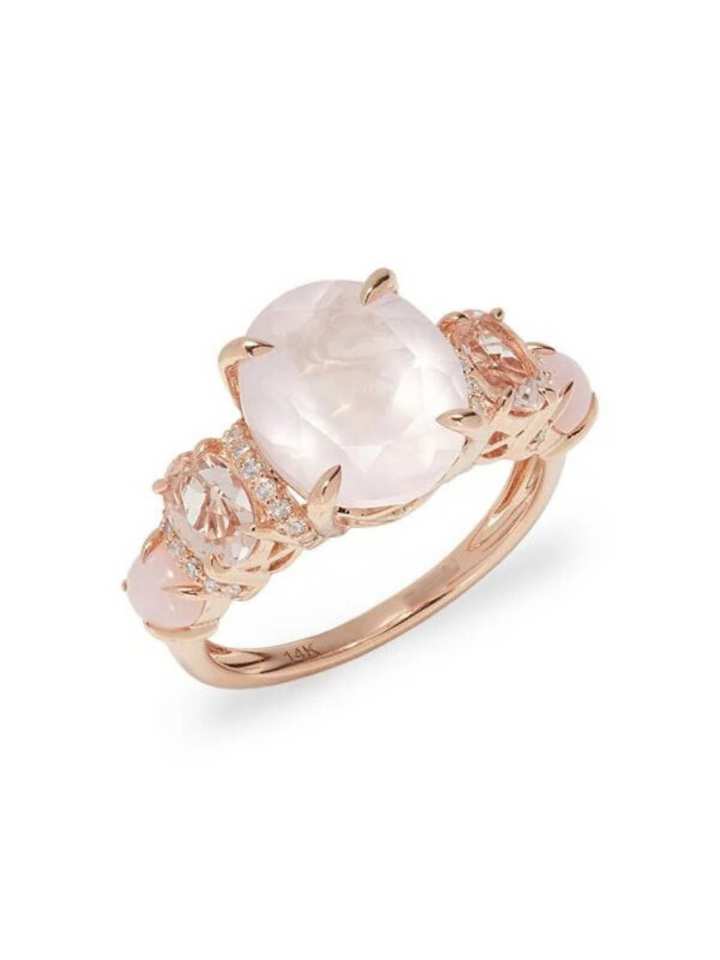Anillo De Oro Rosa De 14K, Cuarzo, Ópalo, Piedra Lunar Y Diamantes