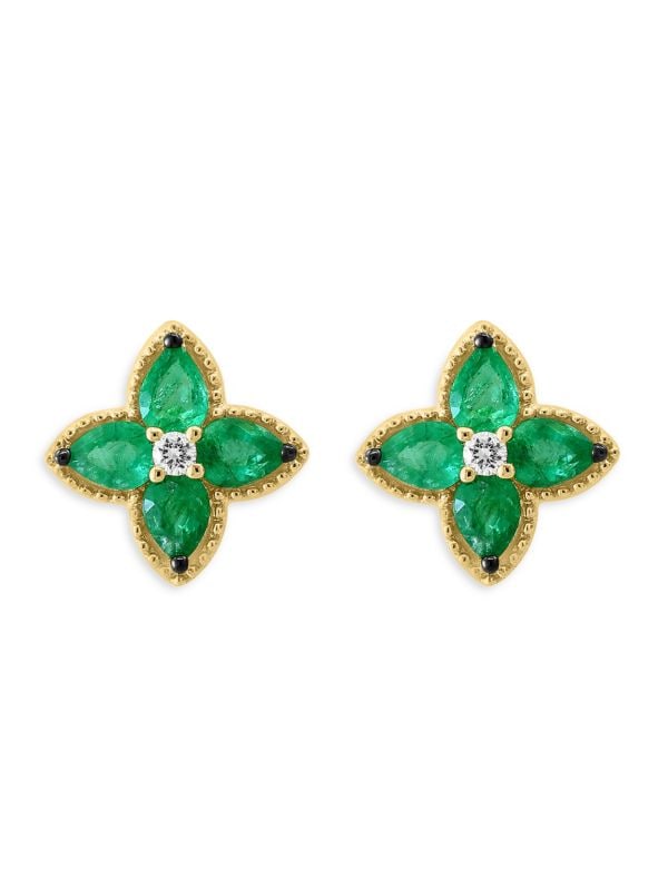 Aretes De Trébol Esmeralda Oro Amarillo 14K Y Diamantes