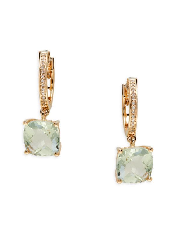 Aretes De Oro Amarillo 14K, Amatista Verde Y Diamantes