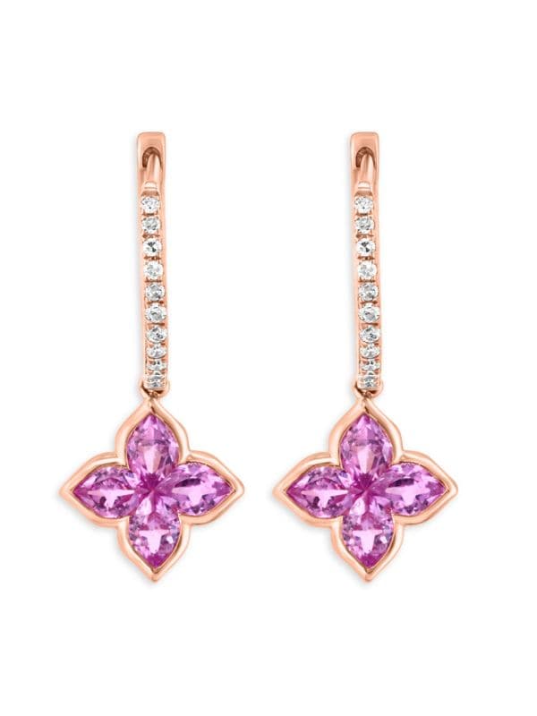Aretes Colgantes Florales De Oro Rosa 14K, Zafiro Rosa Y Diamantes 0,11 TCW