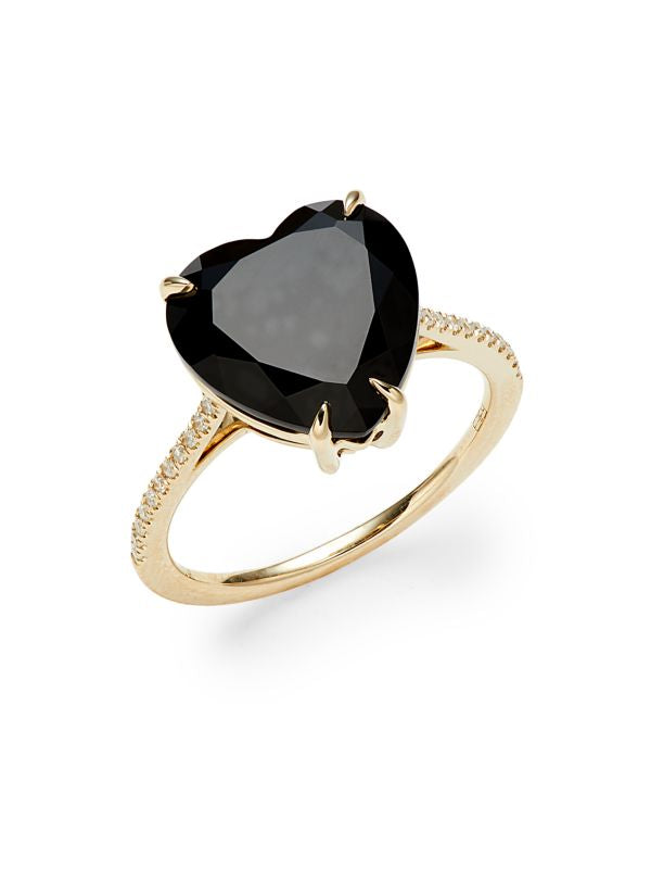 Anillo De Corazón Oro Amarillo De 14K, Ónix Y Diamantes De 0,09 TCW