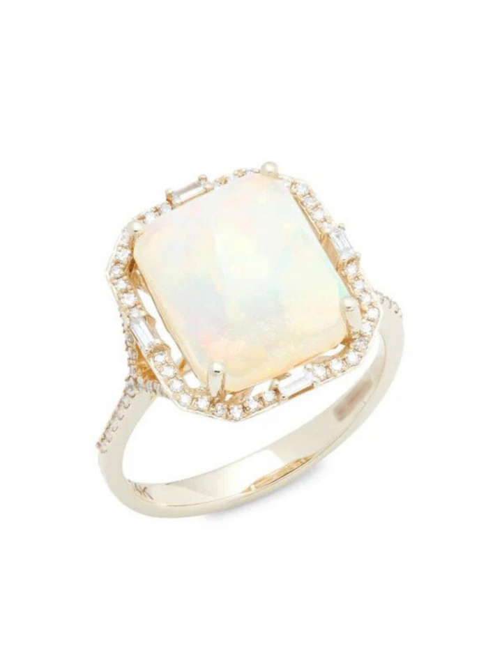 Anillo De Oro Amarillo De 14K, Ópalo Y Diamantes
