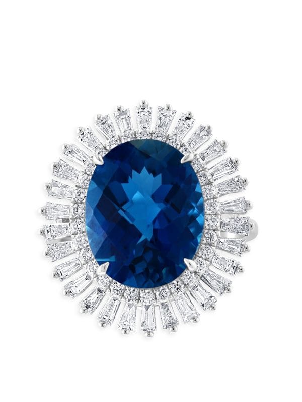 Anillo De Oro Blanco14K, Topacio Azul Y Diamantes