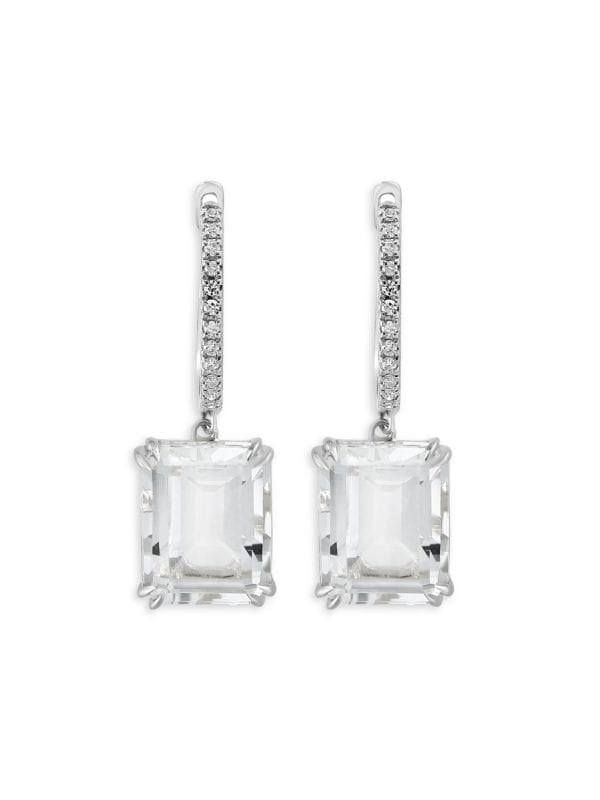 Huggies De Oro Blanco 14K, Topacio Blanco Y Diamantes