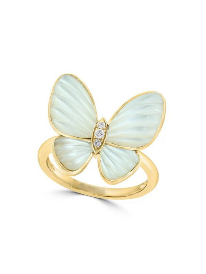Anillo De Mariposa De Oro Amarillo De 14K, Nácar Y Diamantes