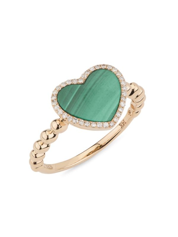Anillo De Corazón De Oro Amarillo 14K, Malaquita Y Diamante 0,1 TCW