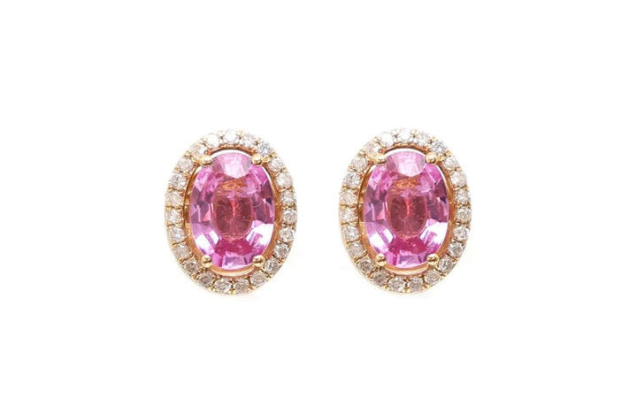 Aretes De Oro 18K, Diamante Y Zafiro Rosa