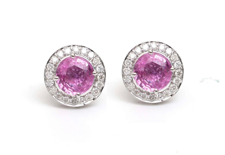 Aretes De Oro 18K, Diamante Y Zafiro Rosa