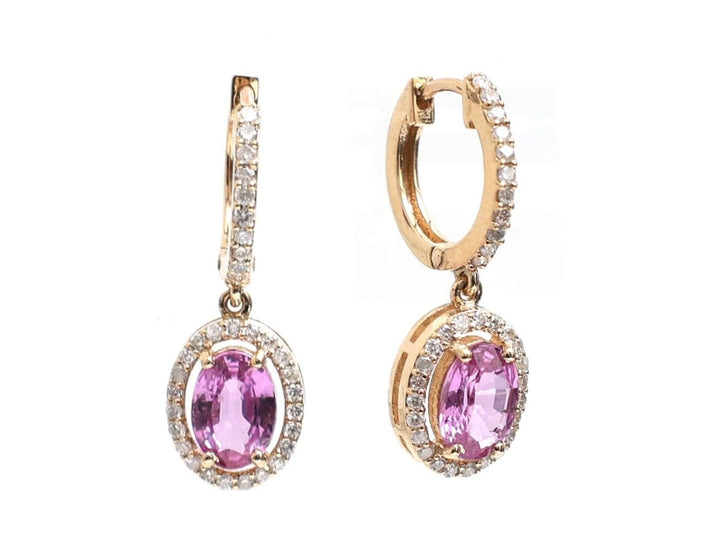 Aretes De Oro 18K, Diamante Y Zafiro Rosa