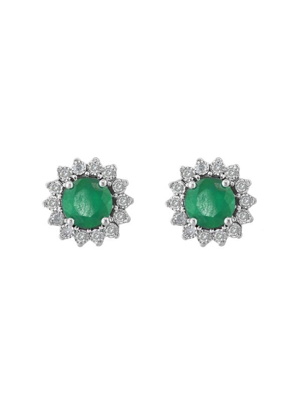 Aretes De Oro Blanco De 14K, Esmeralda Y Diamantes