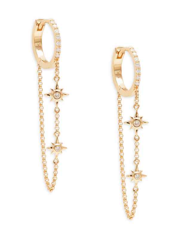 Arracadas 14K Yellow Gold & 0.13 TCW Diamond Huggie Dangle Earrings