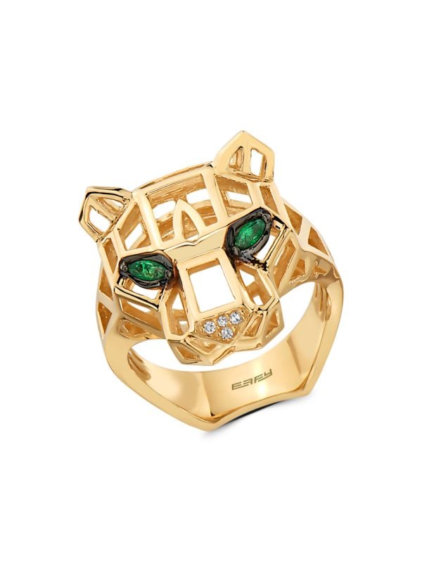Anillo De Pantera De Oro Amarillo De 14 Quilates, Esmeralda Y Diamantes