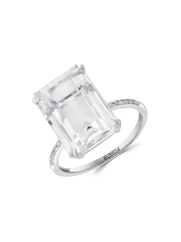 Anillo De Oro Blanco De 14 Quilates, Topacio Blanco Y Diamantes