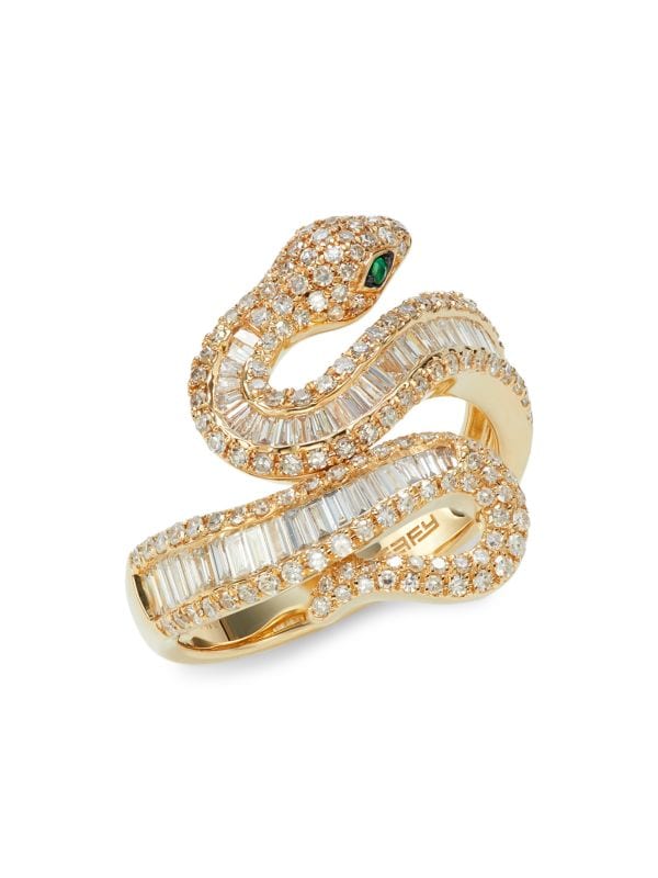 Anillo De Serpiente De Oro Amarillo De 14 Quilates, Diamante Y Esmeralda